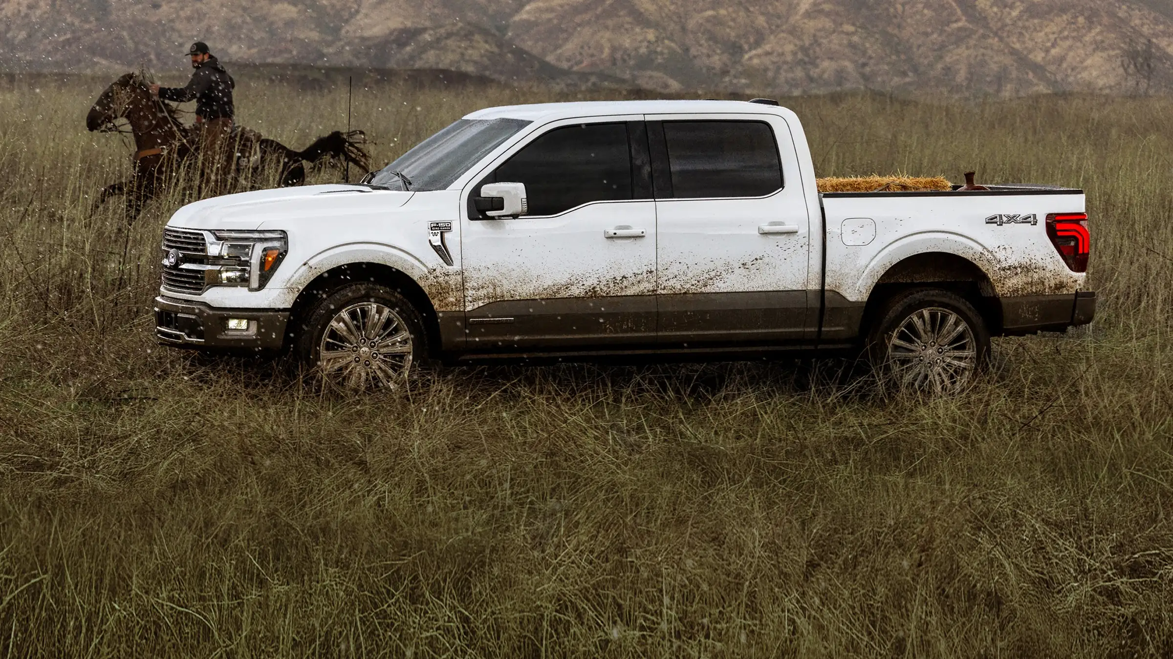 A Ford F-150® King Ranch® pickup parked in a grassy field while a rider on horseback passes by